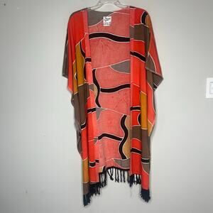 Midnight Velvet Duster Kimono Shawl Fringe Sz 2X Boho Lagenlook Artsy Abstract